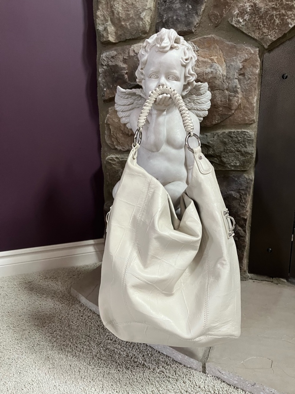 Adrienne Vittadini Cream Braided-Handle Leather Hobo